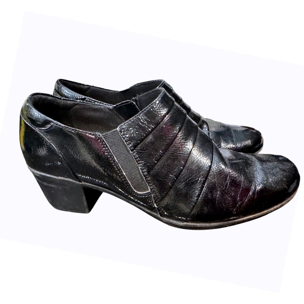 Clarks Collection Womens Black Patent Leather Side Zipper Block Heel Shoes 9.5M‎
